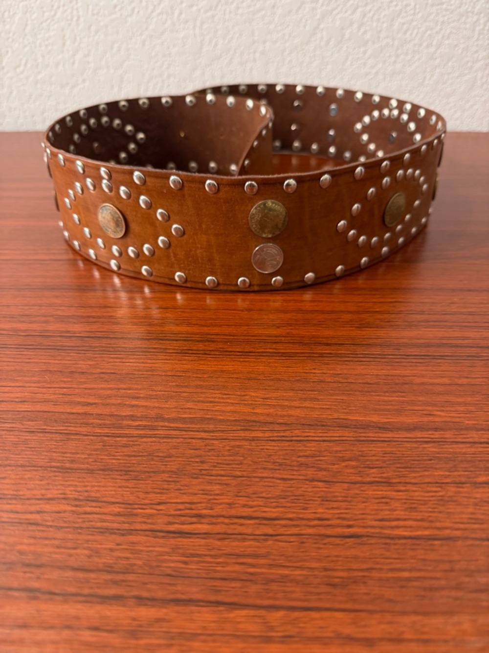 Studded Brown Leather Waist Belt with Metal Coin Accents - Picture 3 of 6